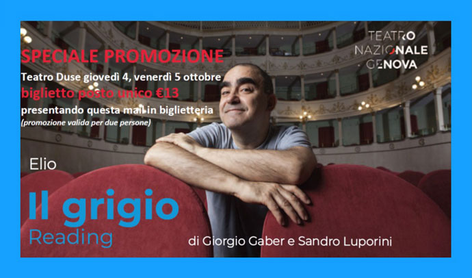 “Il grigio” con Elio: speciale promozione per giovedi 4 e venerdi 5 ottobre